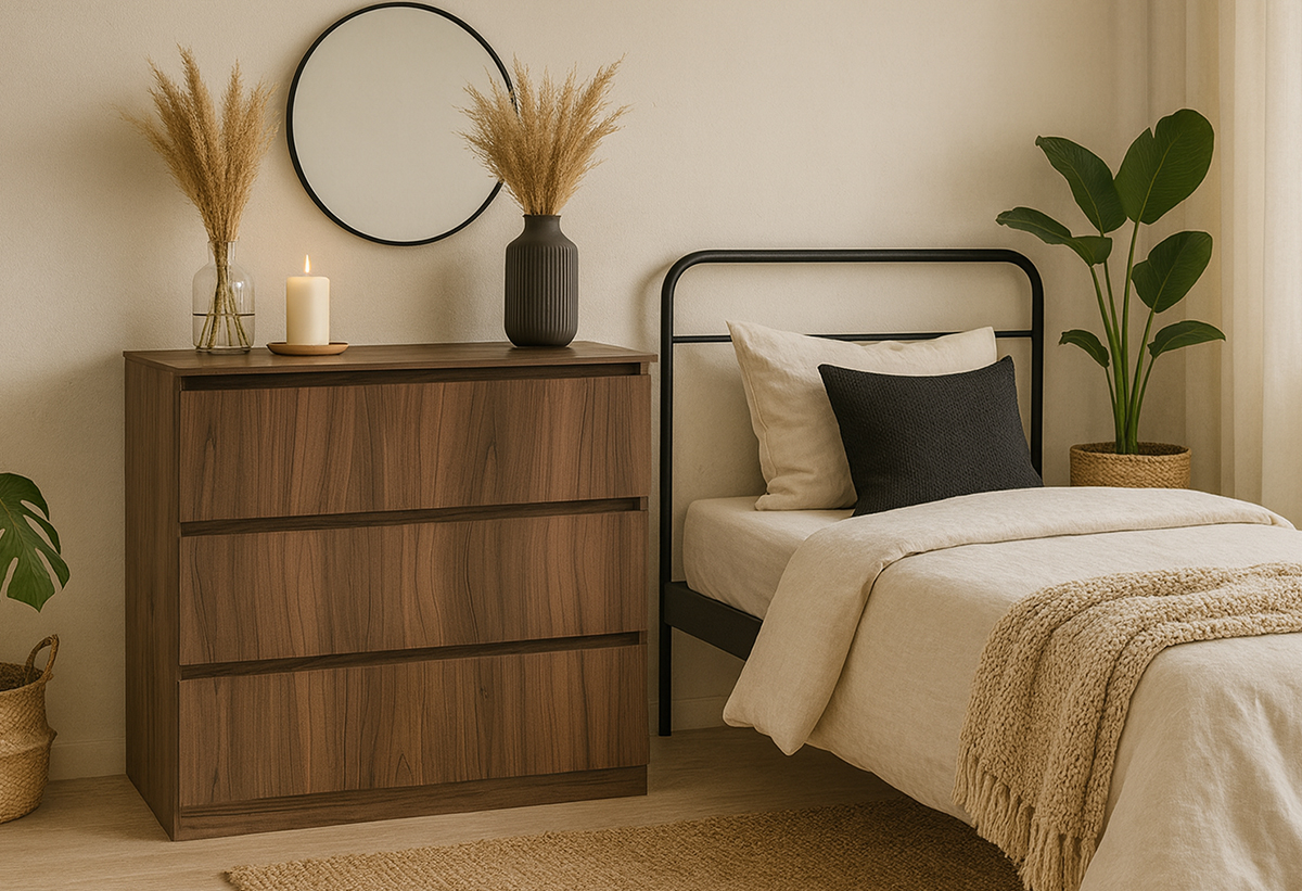 Απεικονίζεται η συρταριέρα σε ένα υπνοδωμάτιο.